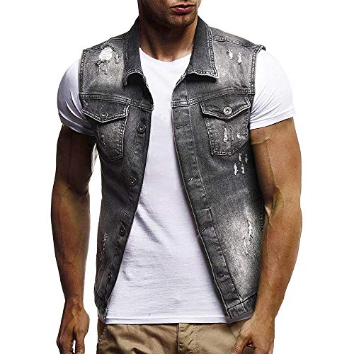 Men Denim Jacket,Vanvler Male Destroyed Waistcoat Blouse Autumn Winter Sleeveless Vest Top Fashion Clearance Sale (L, Black)