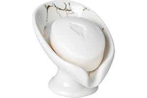 Soap Dish, Soap Holder Self Draining Leaf Shape Soap Dishes, Ceramic Drain Soap Dish for Sink Bathroom Shower Kitchen, Easy to Clean Keeps Soap Dry, Cream White & Gold Marble Pattern, ANTIS'S HOME