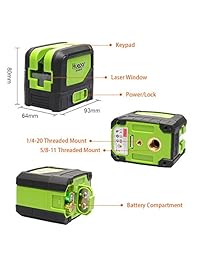 Nivel láser de cruz con 2 puntos de plomo   Huepar 9211G luz verde autonivelante 180 grados línea vertical y línea horizontal con puntos de plomo, multiuso autonivelación nivel láser