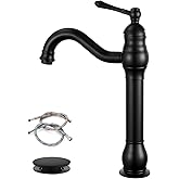 gotonovo Vessel Sink Faucet 360° Swivel Spout Single Handle Tall Bathroom Faucet 1 Hole Farmhouse Lavatory Washbasin Mixer Tap Matching Supply Hoses, with Pop Up Drain, Matte Black