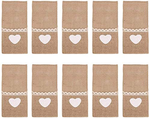 Burlap Cutlery Holders, 10 Pcs Natural Hessian Lace Utensil Bags for Knives Forks, Rustic Tableware Decor for Wedding Christmas Party Banquet Home Use 23x10cm