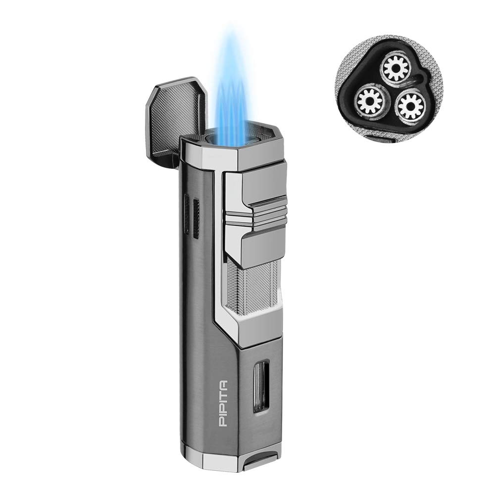 PIPITA Cigar Torch Lighter Windproof Firelighters Triple Jet Flame Refillable Butane Gas Cigar Lighter with Punch ﻿Pocket lighter for Men Gifts(Without Gas)
