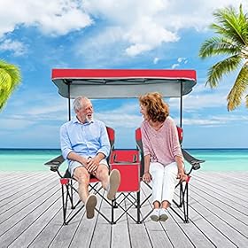 Safstar Double Camping Chair w/Shade Canopy, 2-Person Folding Camp and Beach Chair with Mini Table Beverage Cup Holder… 51jzntepRXS