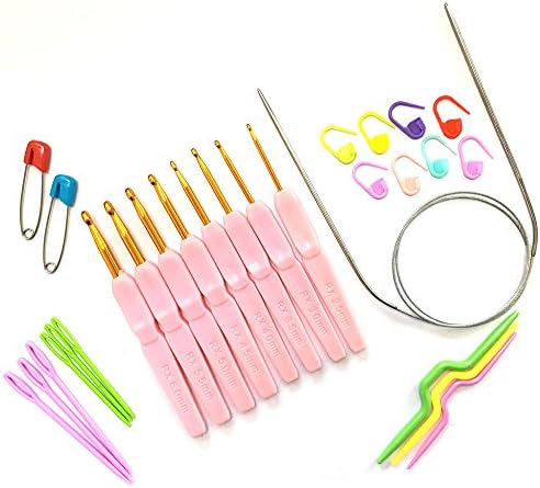 8pcs Ergonomic Handle Crochet Hooks Set 2.5MM - 6.0MM With Large-Eye Blunt Needles and Safety Pins In one Bag to use with all Patterns &amp; Yarns