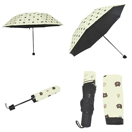 Bear Style Black Coating Cartoon Rain Umbrella Women 6K Light Pocket Girls Parasol 3 Folding Anti-UV Protection & Dome Shape Sun Rain Umbrella, Pack of 1