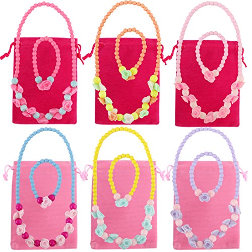 kilofly 6 Sets Princess Party Favors Girls Jewelry Value Pack + Gift Pouches