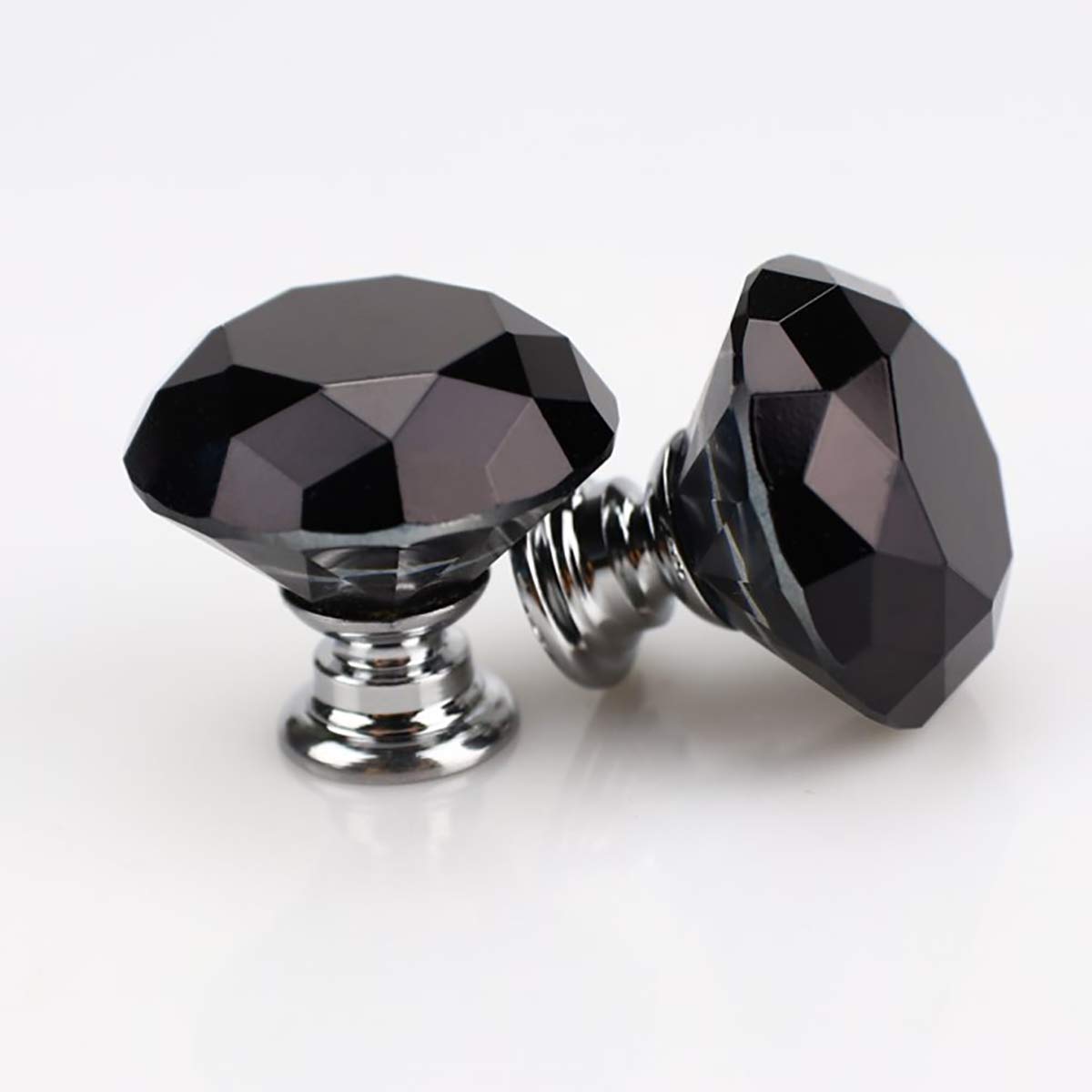 30mm Crystal Glass Door Knobs Diamond Cut Drawer Pull Handles with M4*22mm Screws for Cupboard Cabinet Wardrobe Home Decorating Silver Base Black