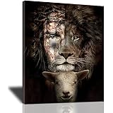 MountFlow, Jesus Pictures for Wall Pictures of Jesus Religious Paintings Canvas Wall Art Lion King Jesus and Lamb Wall Decor Jesus Artwork Religious Home Decor Brown Room Decor for Bedroom Church