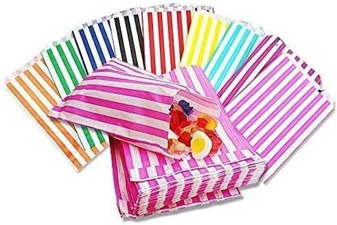 200 5" x 7" Mixed All 10 Colours Striped Candy Sweet Paper Bags | Wedding Buffet Favour Cake Gift Pick n Mix Shop | Premium Quality UK Made