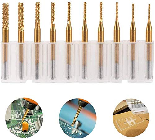 10 PCS Engraving Bit Coated Drilling Hole Carbide CNC Rotary Bits, End Mill Burrs Milling Cutter Bit with Titanium Plating for PCB SCM Circuit Board Plastic Fiber Wood Rotary Tool Set (0.8-3.175 mm)