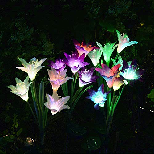 WOHOME Outdoor Solar Garden Stake Lights 2 Pack Solar Flower Lights with 8 Lily Flower,Multi-Color Changing LED Lily Solar Powered Lights for Patio,Yard Decoration,Bigger Flower and Wider Solar Panel