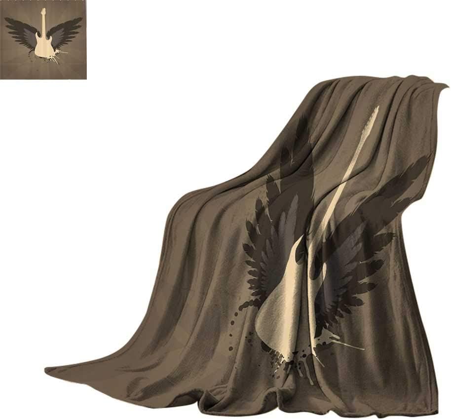 smllmoonDecor Cozy Flannel Blanket Modern,Music Theme Rock Talent Wings Guitar Instrument Art Print,Black Charcoal Grey Umber and Mustard Print Summer Quilt Comforter Bed or Couch 60"x50"