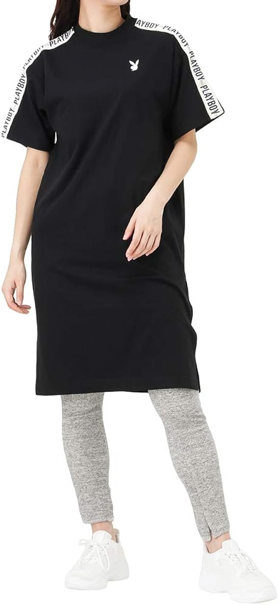 Amazon Co Jp Tシャツワンピース レディース 半袖 ロングtシャツ Playboy プレイボーイ ワンピース スリット ロゴ プリント Fdm ブラック F 服 ファッション小物
