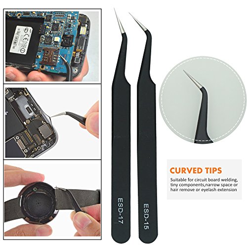 TECKMAN Precision Tweezer Set,10 Pack Best ESD Tweezers Set Stainless Steel Long Tweezers with Curved,Pointed,Slanted Tips for Eyebrow,Eyelash Extension,Craft, Jewelry, Soldering & Laboratory Work
