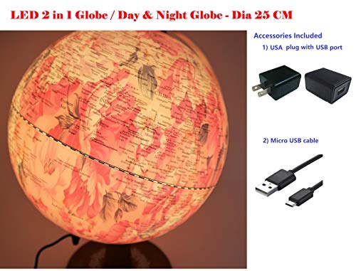 Exerz 10" Globe Pink with LED Light/ 2 in 1 Globe/Day and Night Illuminated Globe, Hidden Printing of Flower Images Inside When lit on. (25cm Pink) - Thumbnail 5