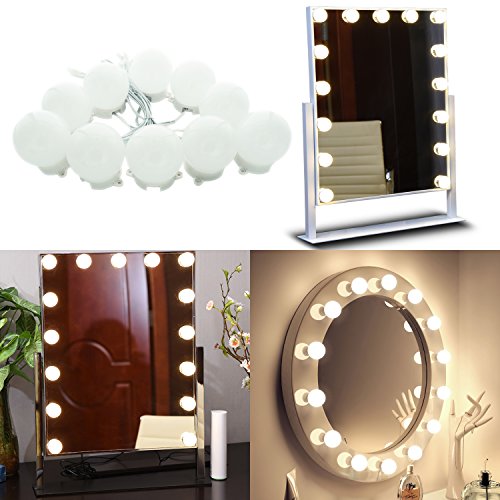 AIBOO Hollywood Super Star Style Makeup Mirror Vanity LED Light Bulbs Kit for Dressing Table Dimmable & Plug in, Linkable and Flexible Strip, Mirror Not Included (10 Bulbs Warm white)