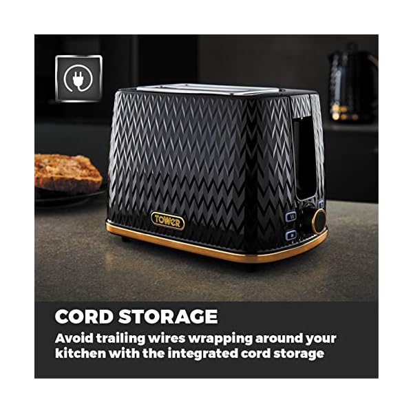 Tower-T20054BLK-Empire-2-Slice-Toaster-with-DefrostReheat-Removable-Crumb-Tray-900-W-Black-with-Brass-Accents Tower T20054BLK Empire 2-Slice Toaster with Defrost/Reheat, Removable Crumb Tray, 900W, Black and Brass