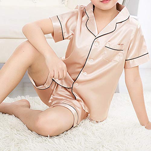 Kids Satin Pajamas Set Pjs Short Sleeve Button-Down Sleepwear Loungewear Set Girls Boys Pajamas Set Champagne