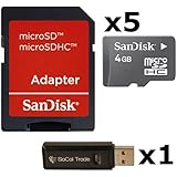 5 PACK - SanDisk 4GB MicroSD HC Memory Card SDSDQAB-004G (Bulk Packaging) LOT OF 5 with SD Adapter and SoCal Trade USB 2.0 MicoSD & SD Memory Card Reader