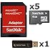 5 PACK - SanDisk 4GB MicroSD HC Memory Card SDSDQAB-004G (Bulk Packaging) LOT OF 5 with SD Adapter and SoCal Trade USB 2.0 MicoSD & SD Memory Card Reader