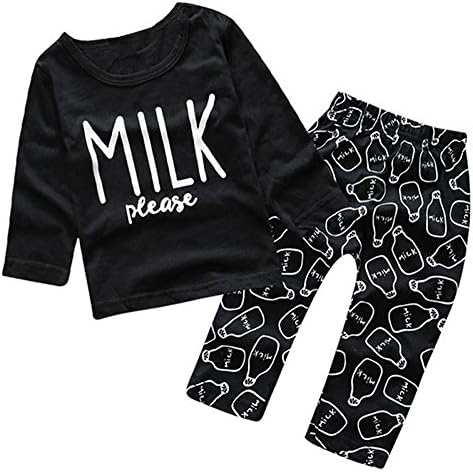 Baby Girl Clothes Unisex Black Cotton Long-Sleeved Letter Milk T-shirt+Pants Newborn Baby Boy Clothing Set (80cm)