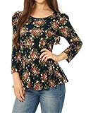 Allegra K Women Floral Prints 3/4 Sleeves Scoop Neck Peplum Top Navy Blue S