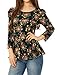 Allegra K Women Floral Prints 3/4 Sleeves Scoop Neck Peplum Top S Navy Blue