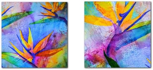 Ready2HangArt Tropical Birds of Paradise' 2 Piece Abstract Modern Contemporary Canvas Wall Art Print, Panel: 16" x 16", Blue, Yellow, Green, Teal
