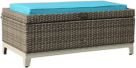 Orange Casual Rattan Wicker Deck Storage Box | Small Outdoor Storage Bench with Seat Cushion, Aluminum Frame, Gary Rattan and Blue Cushion