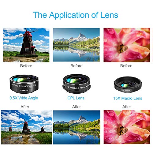 Phone Camera Lens, 5 in 1 Cell Phone Camera Lens 0.5x Wide Angle Lens+15x Macro Lenses +230Â° Fisheye Lens +CPL +Star Lens Compatible for iPhone x 8 7 6 6s plus Samsung Huawei Android Smartphone