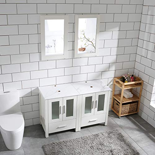 48" Double Sink Bathroom Vanity Cabinet White Marble Pattern Top w/Mirror Faucer & Drain (Ceramic Sink) - Thumbnail 6