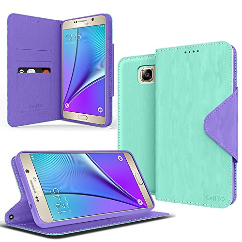 Galaxy Note 5 Case, Cellto PU Leather Wallet Case [Stand] Dual Magnetic Flap [Credit Card and Cash Pockets] Flip Cover for Samsung Note 5 (2015) - Mint/Purple