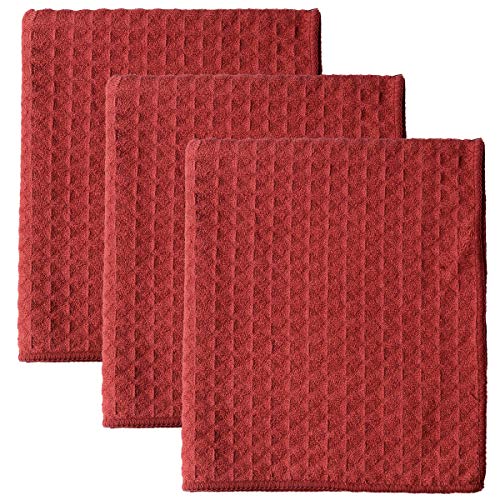 Lifaith Microfiber Thick Waffle Weave Kitchen Towels Dish Cloth 3 Pack 16inch X 19inch Red