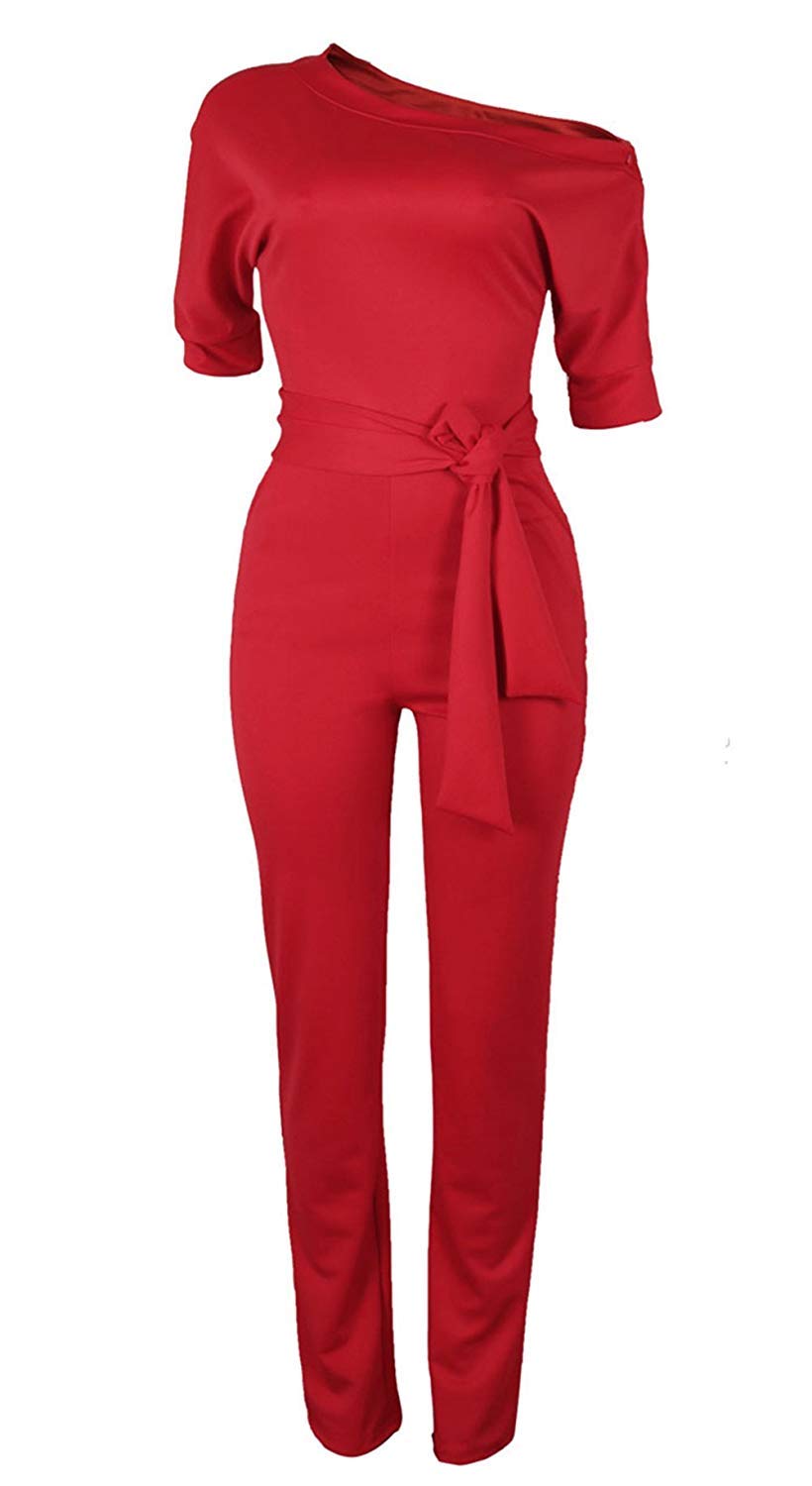 Women\'s Sexy One Off Shoulder Jumpsuits Wide Leg Long Romper Pants with Belt Red L