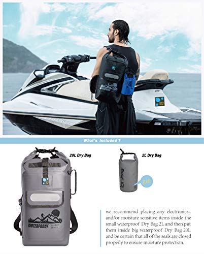 IDRYBAG Dry Bag Waterproof Backpack Floating 20L Roll Top Compression Sack Keeps Gear Dry for Kayaking, Beach, Rafting, Swimming, Boating, Hiking, Camping,Fishing,Canoeing - Gray
