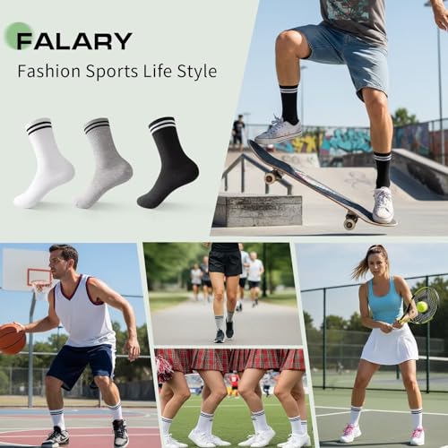 FALARY 6/12 Pairs Bamboo Fashion Sports Crew Socks for Men & Women | Soft, Seamless, Breathable, Anti Blister, comfortable, Suitable for Skateboarding Tennis Basketball and Everyday Wear