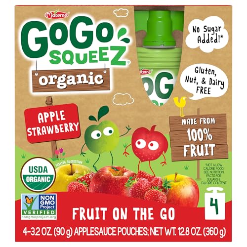 GOGO SQUEEZ ORGANIC APPLESAUCE, APPLE STRAWBERRY, 3.2 OUNCE (4 POUCHES), GLUTEN FREE, VEGAN FRIENDLY, UNSWEETENED APPLESAUCE, RECLOSEABLE, BPA FREE POUCHES