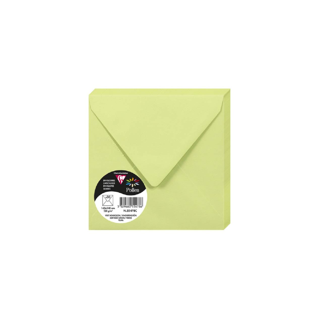 Clairefontaine 55478C Pack of 20 Gummed Envelopes Square Format (14x14cm) 120g/m² Leaf bud Green Invitation Event Correspondence Pollen Range Premium Paper