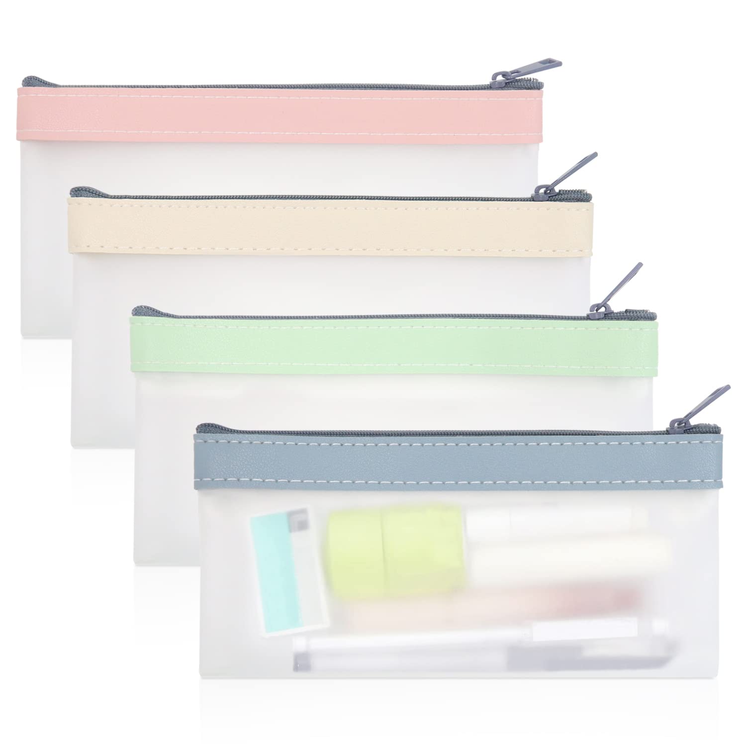 Modixun Clear Pencil Pouch, 4pcs Set, Soft TPU, Waterproof Stationery Bag, Travel Makeup Bag for Women Men Students