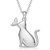 LONAGO Cat Necklace with Butterfly 925 Sterling Silver Cat Pendant Necklace Gift for Women