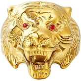 Tiger Ring for Men, Stainless Steel Norse Viking Tiger Head Ring, Vintage Tiger Skull Totem Rings, Golden Tiger Signet Amulet Ring, Punk Animal Tiger Jewelry Gift for Men mens