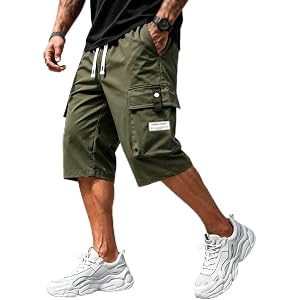 CVCNMXLXD Men's Casual Drawstring Capri Cargo Pants Mens 3/4 Length Shorts Multi-Pocket Loose Fit Below Knee Cal
