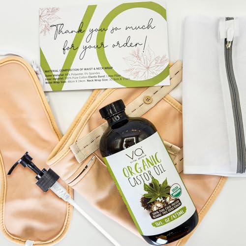 Castor Oil Pack Wrap Kit – USDA Organic, 16 oz Cold-Pressed Hexane-Free Castor Oil in Glass Bottle | Adjustable Cotton Flannel Waist & Neck Wraps | Liver, Abdominal & Detox Therapy