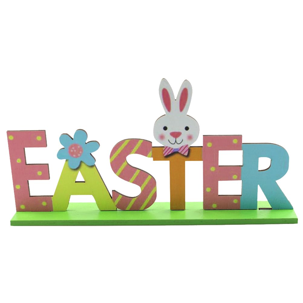 Ciieeo Wooden Hollowed-Out Easter Table Sign Multi-Color Bunny Decor Easter Festival Stand Signs for Home Dining Table Fireplace Easter Party