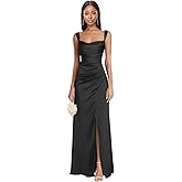 Uknztcl Spaghetti Straps Satin Bridesmaid Dresses with Slit for Women Cowl Neck Pleate Satin Long Formal Wedding Guest Dress
