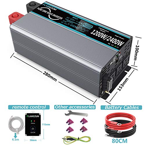 FLAMEZUM Pure Sine Wave Power Inverter 1200Watt DC to AC 12V 110V