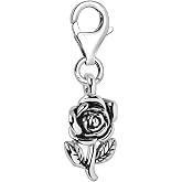 Quiges 3D Rose Flower with Stem Clip On Charm Pendant Silver Plated Women's Jewellery