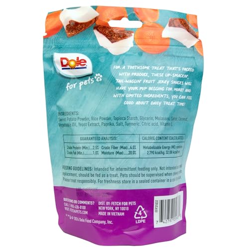 DOLE FOR PETS FRUIT JERKY BITES DOG TREATS, CARROT AND COCONUT FLAVOR, CHEWY TREATS FLAVORED WITH REAL FRUIT AND VEGETABLES, NO WHEAT, CORN, SOY, ARTIFICIAL FLAVORS, COLORS, OR PRESERVATIVES, 6 OZ