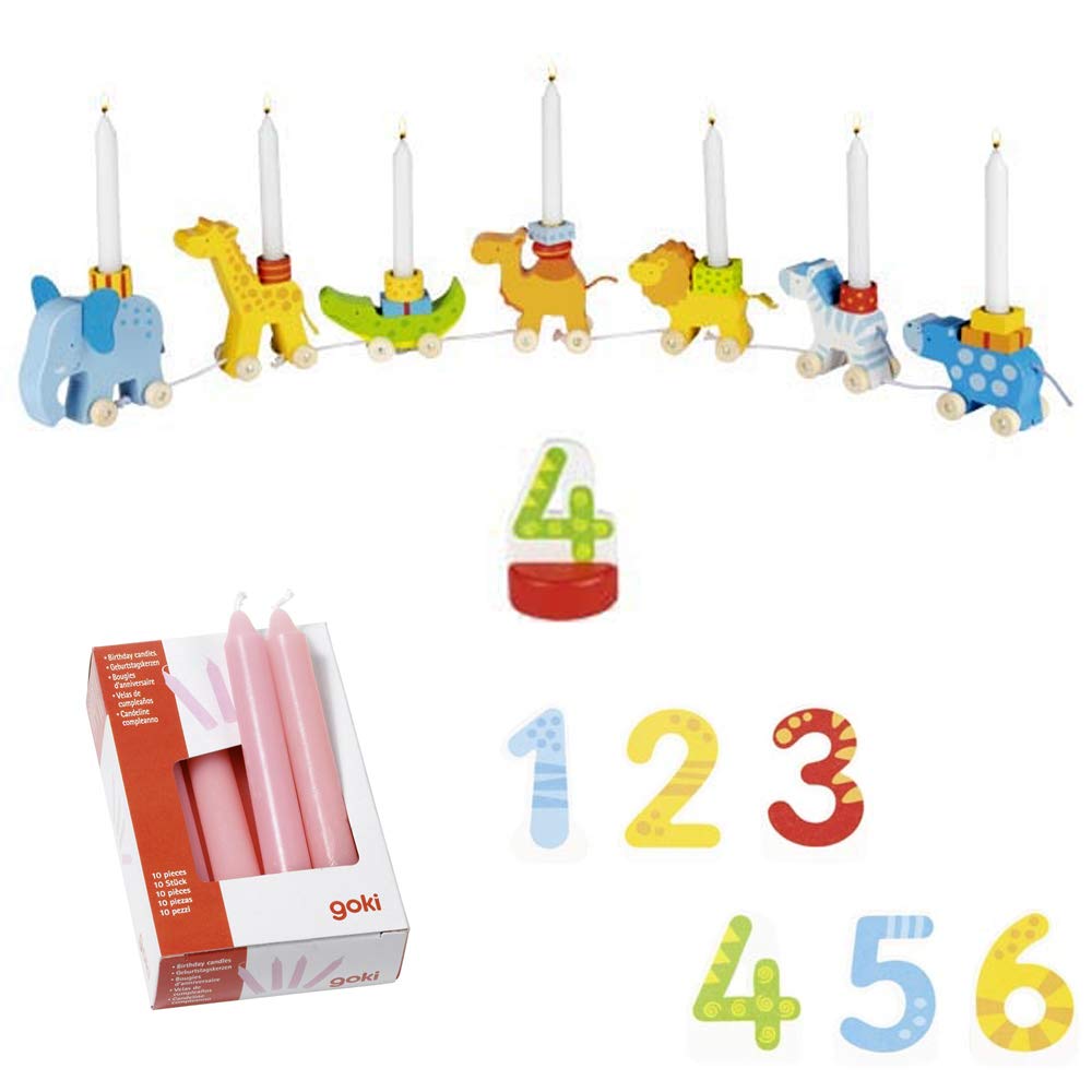 goki 2665 Birthday Train Numbers 1-6 Set of 10 Candles Pink Wood Animals Birthday Caravan