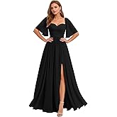 GREEKKNIGHT Women's Chiffon Bridesmaid Dresses V Neck Flutter Sleeve Pleated A Line Long Formal Evening Gowns with Slit 